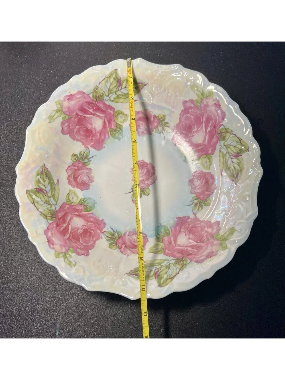 Antique 1910s Serving Bowl Iridescent Lusterware Pink Roses, 10.5x2.5” DAMAGED